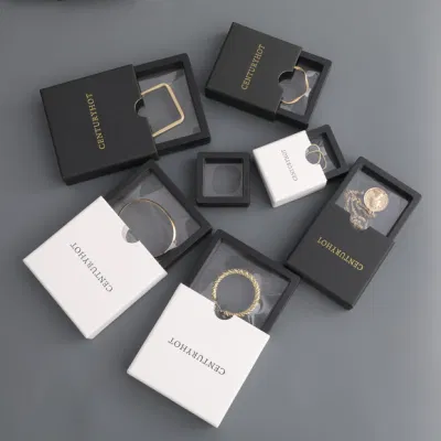 Custom Logo 9.5*9.5cm Black Jewelry Box Transparent PE Film Display Box Bracelet Ring Earring Packing Box with Logo